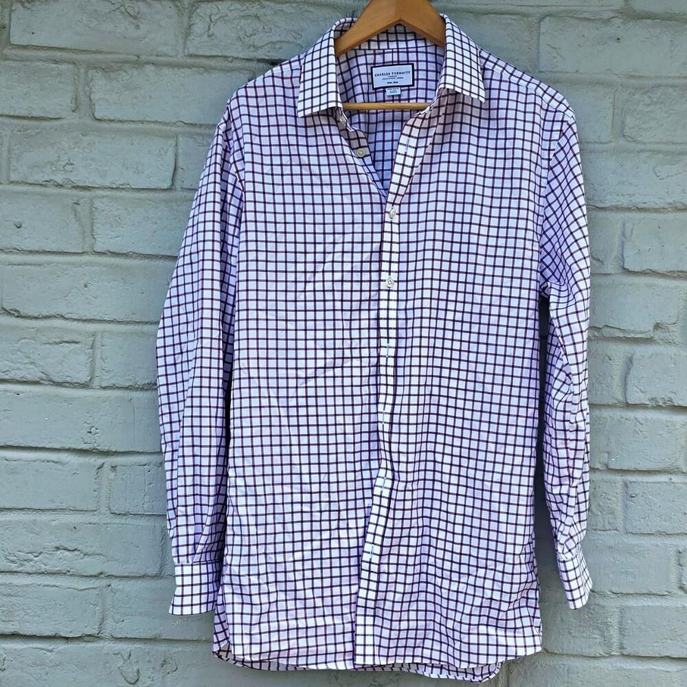 Charles Tyrwhitt Men's Red White Checkered Long Sleeve Dress Shirt Size L